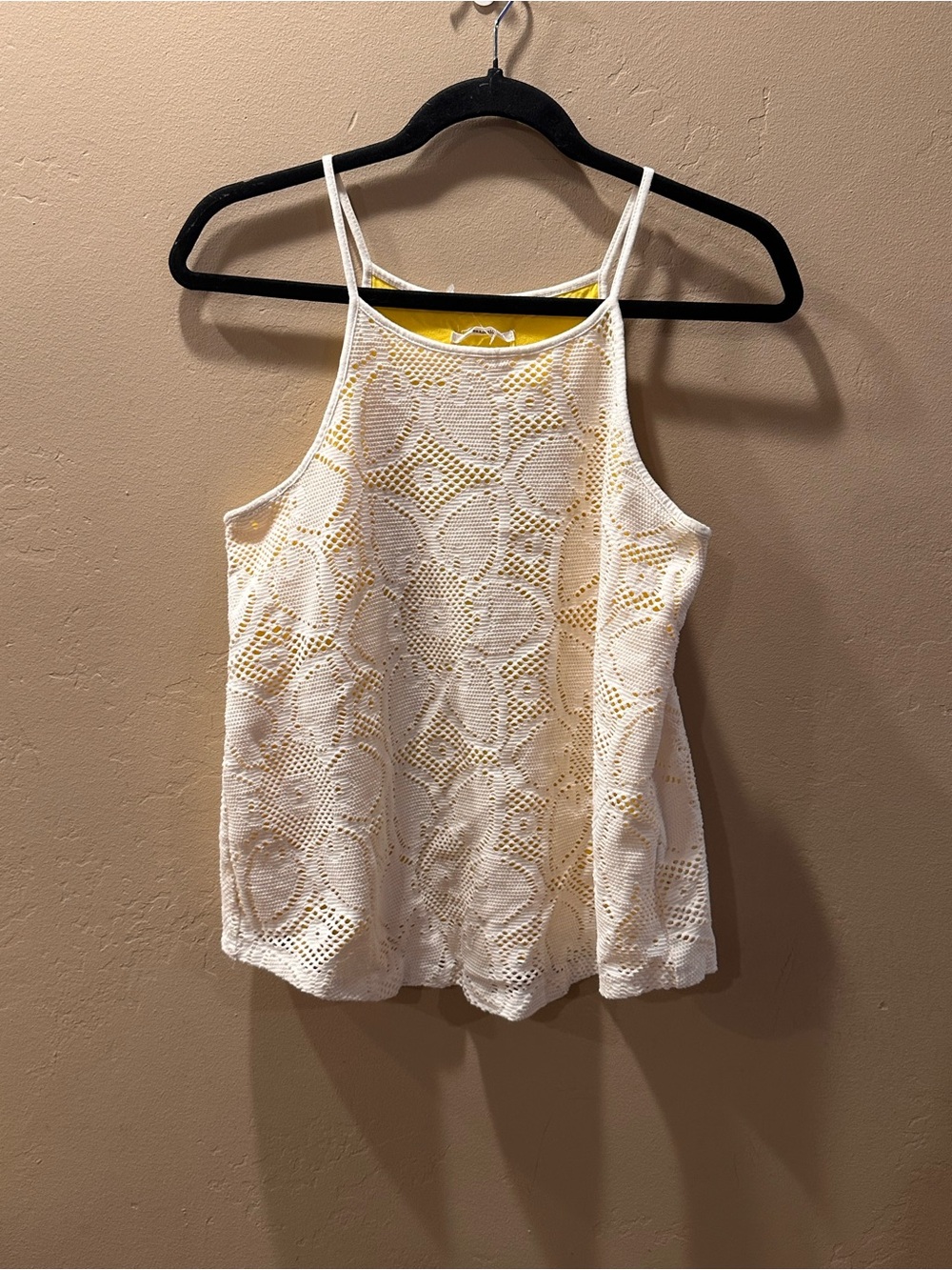 Anthropologie Crochet Lace Halter Tank Top White Yellow Cami Lining S